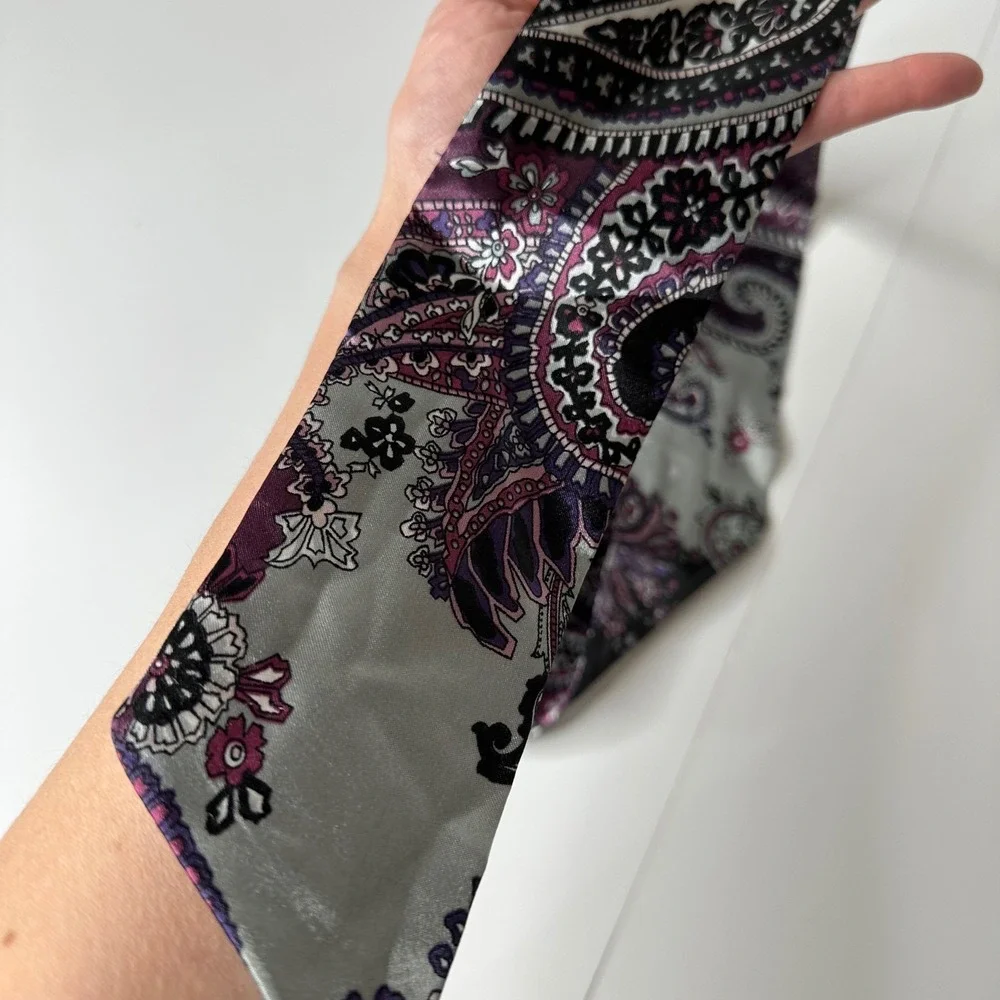 Womens‎ Skinny Scarf Paisley Floral Black Silver Purple Satin Necktie Purse Hair